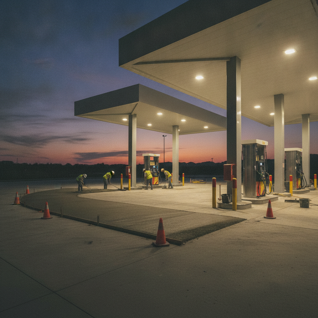 Concrete paving around fuel pump islands at dusk, quality control for gas station construction in Texas