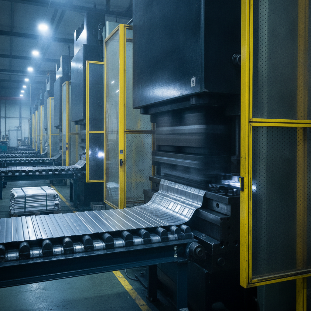 Side-angle view of a stamping press line running with DLC-coated dies and punches, representing anti-galling performance in sheet metal forming