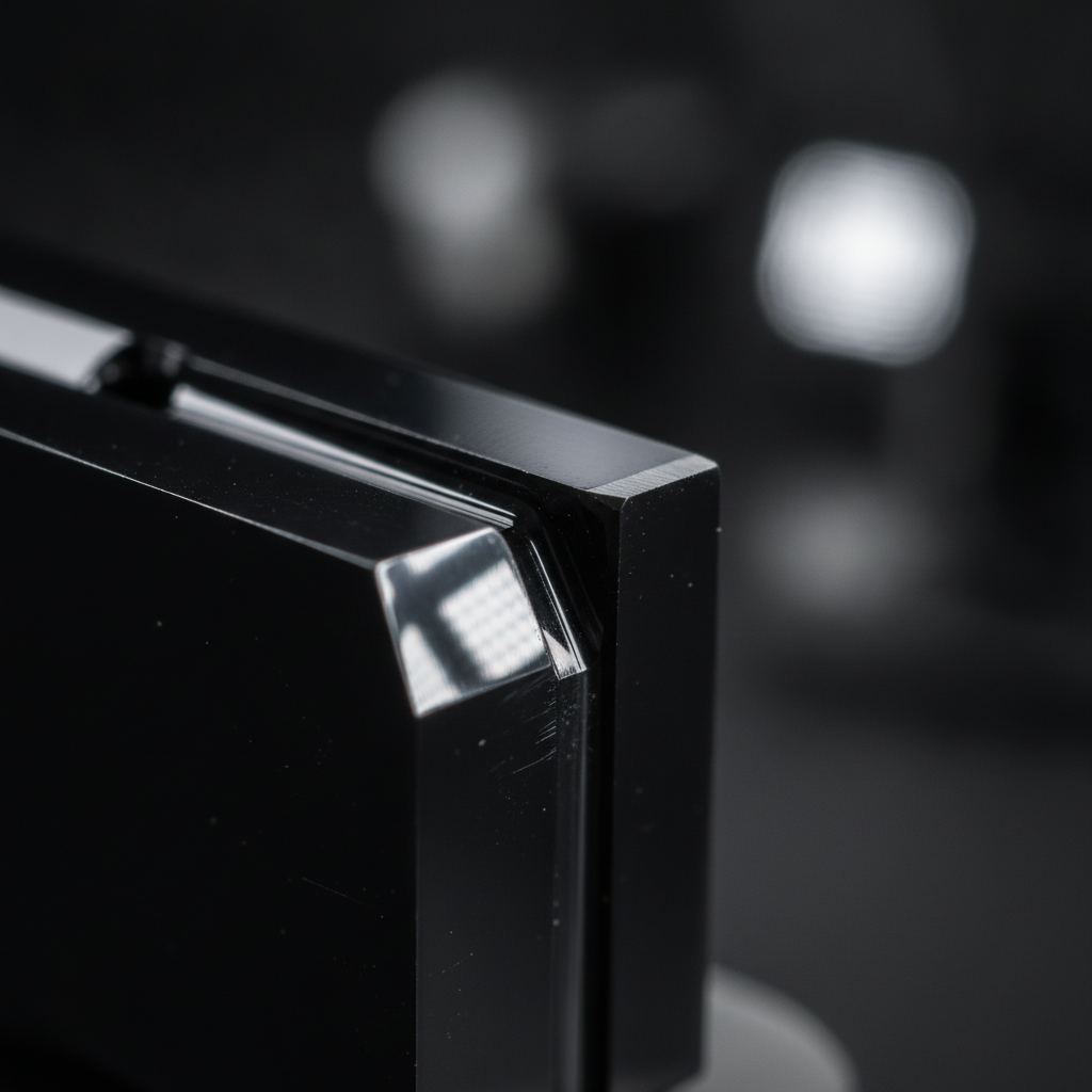 Macro close-up of a DLC-coated cutting insert showing deep black finish and sharp edge geometry, illustrating low-friction DLC coating for machining tools