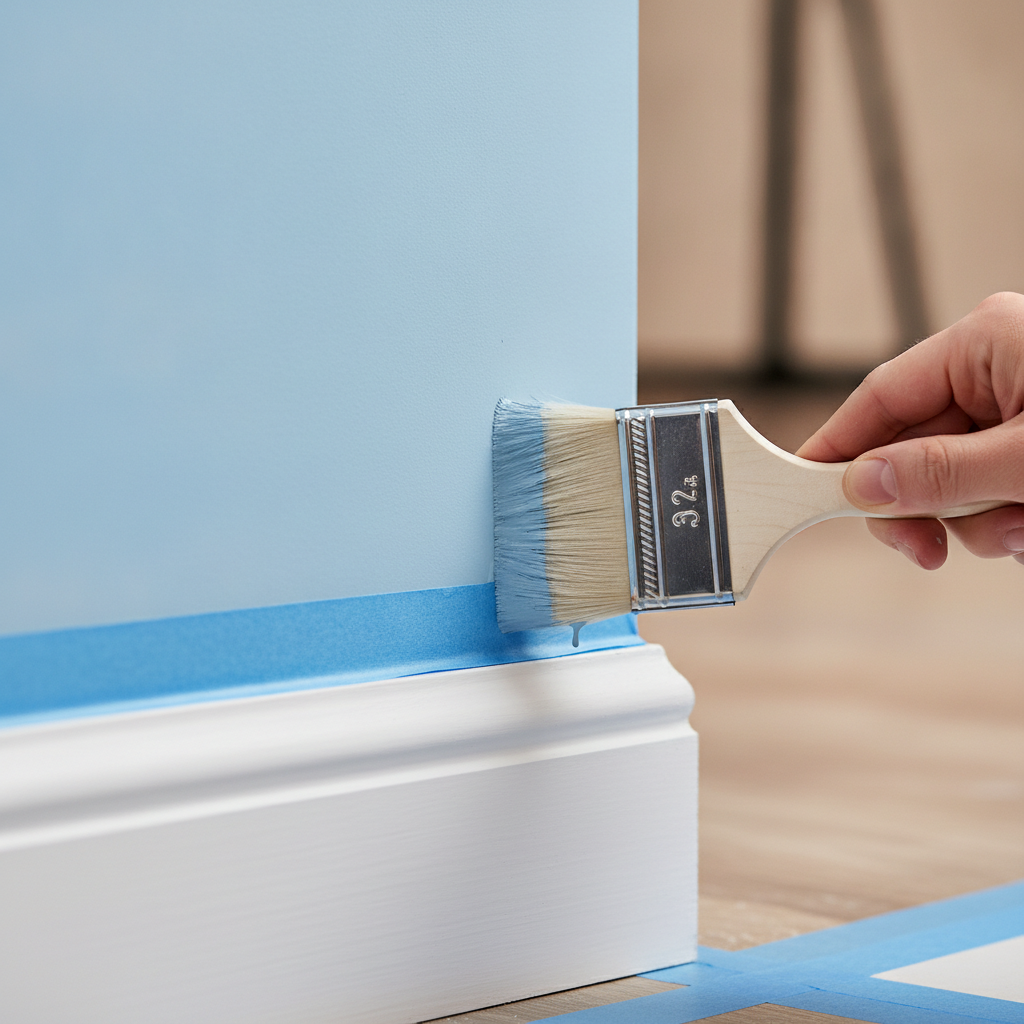 Close-up of a pro painter cutting in along white trim, demonstrating precision that affects interior paint cost and finish quality