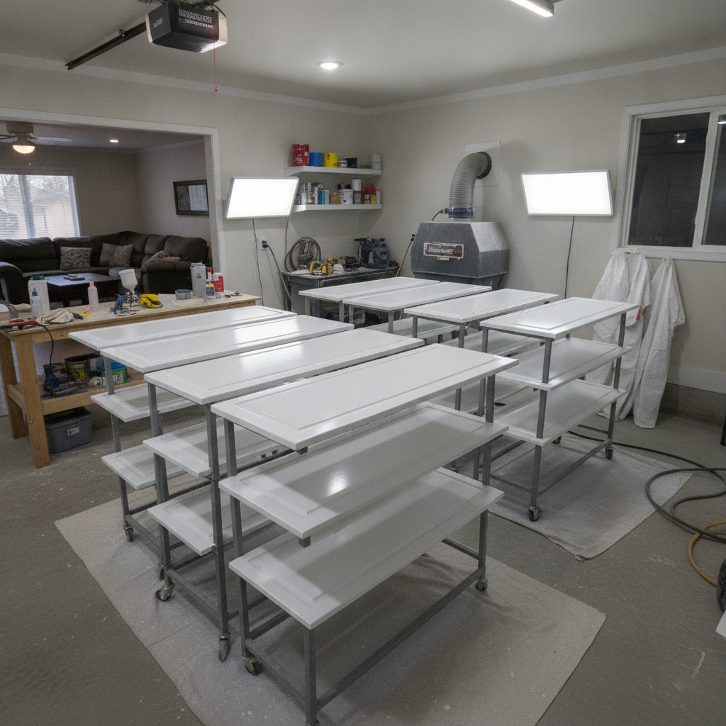 Professional spray setup for cabinet doors showing controlled application that impacts interior paint cost planning