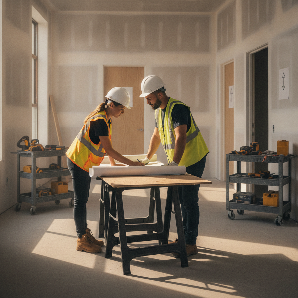 Site supervisor and project manager reviewing floor plans during an occupied office renovation in Ontario