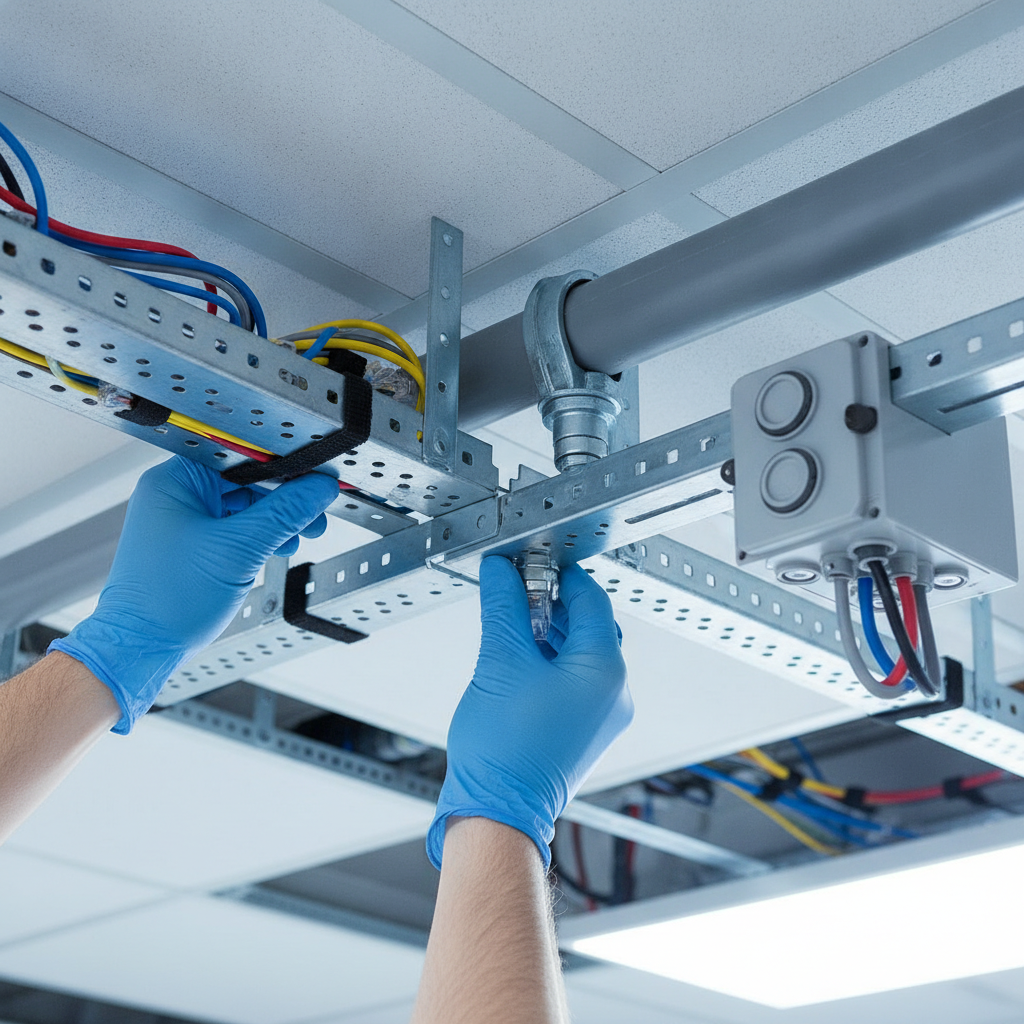 Close-up of cable tray and conduit installation during an office remodel by commercial contractors in the GTA