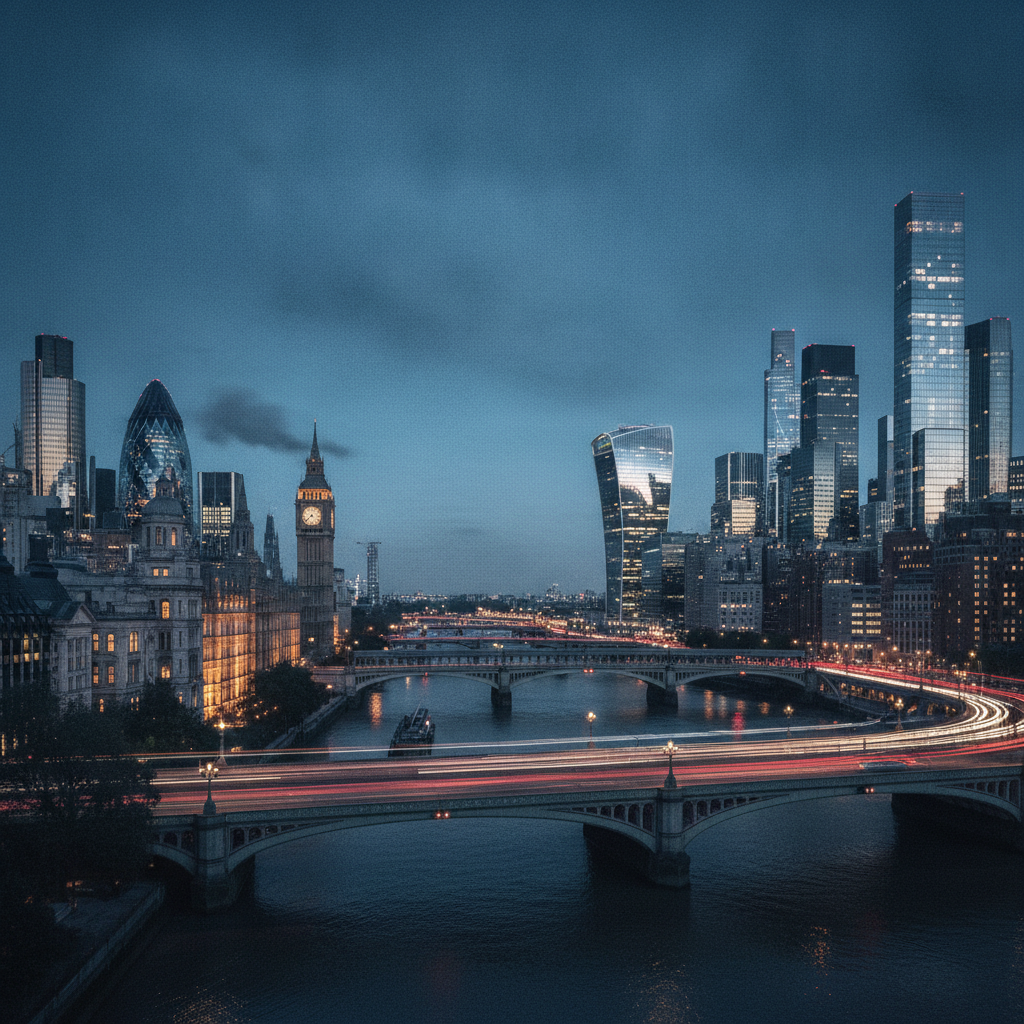 Evening cityscape evoking London and New York to represent GBP/USD cross-market dynamics