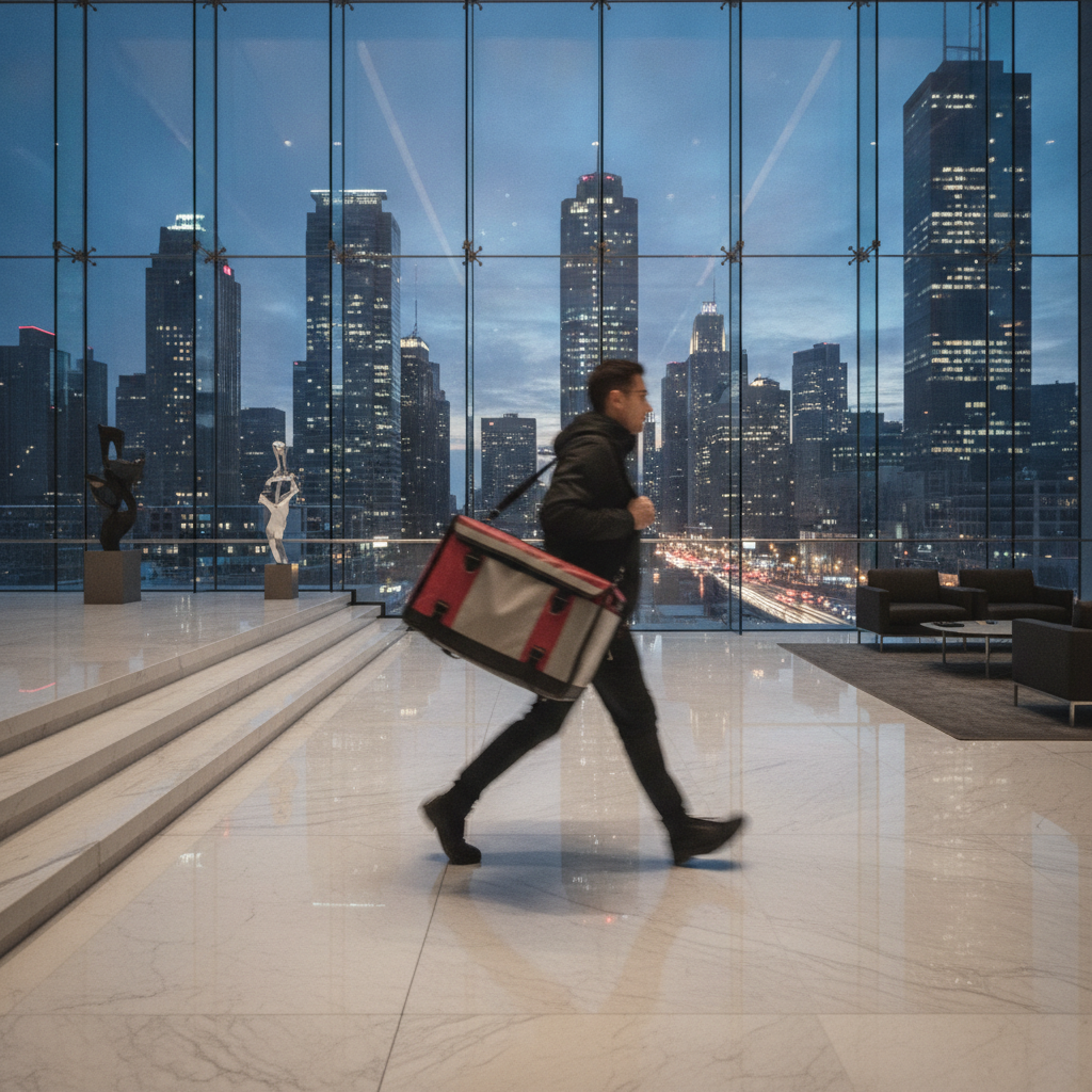 Courier in a Downtown Calgary condo lobby carrying an insulated delivery bag for late-night wine drop-offs
