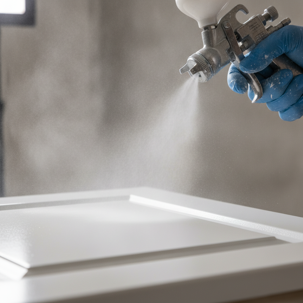 Close-up of cupboard refinishing with HVLP spray painting for a smooth satin cabinet finish in a Toronto kitchen
