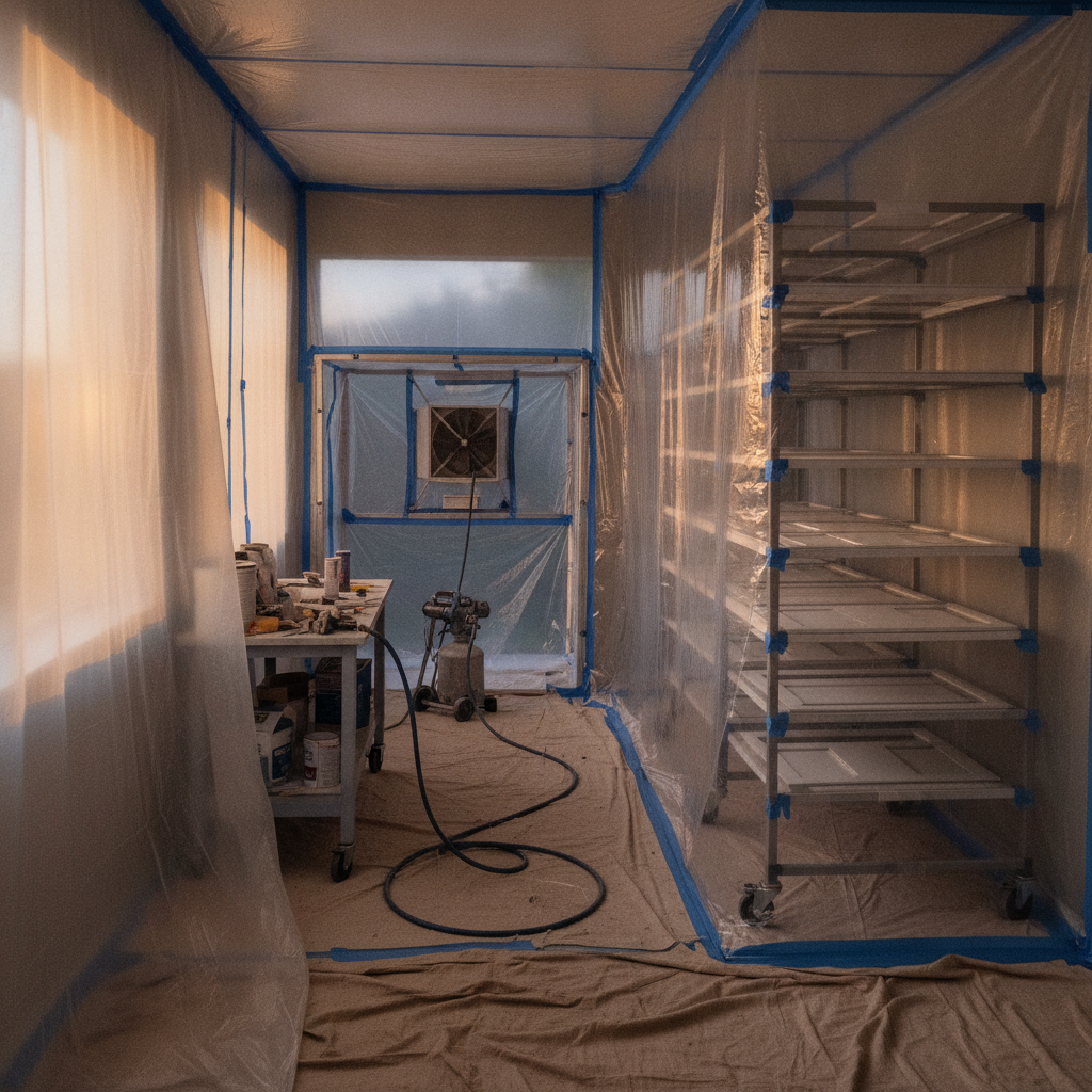 On-site kitchen spray setup with plastic containment and drying racks for cupboard refinishing in the GTA