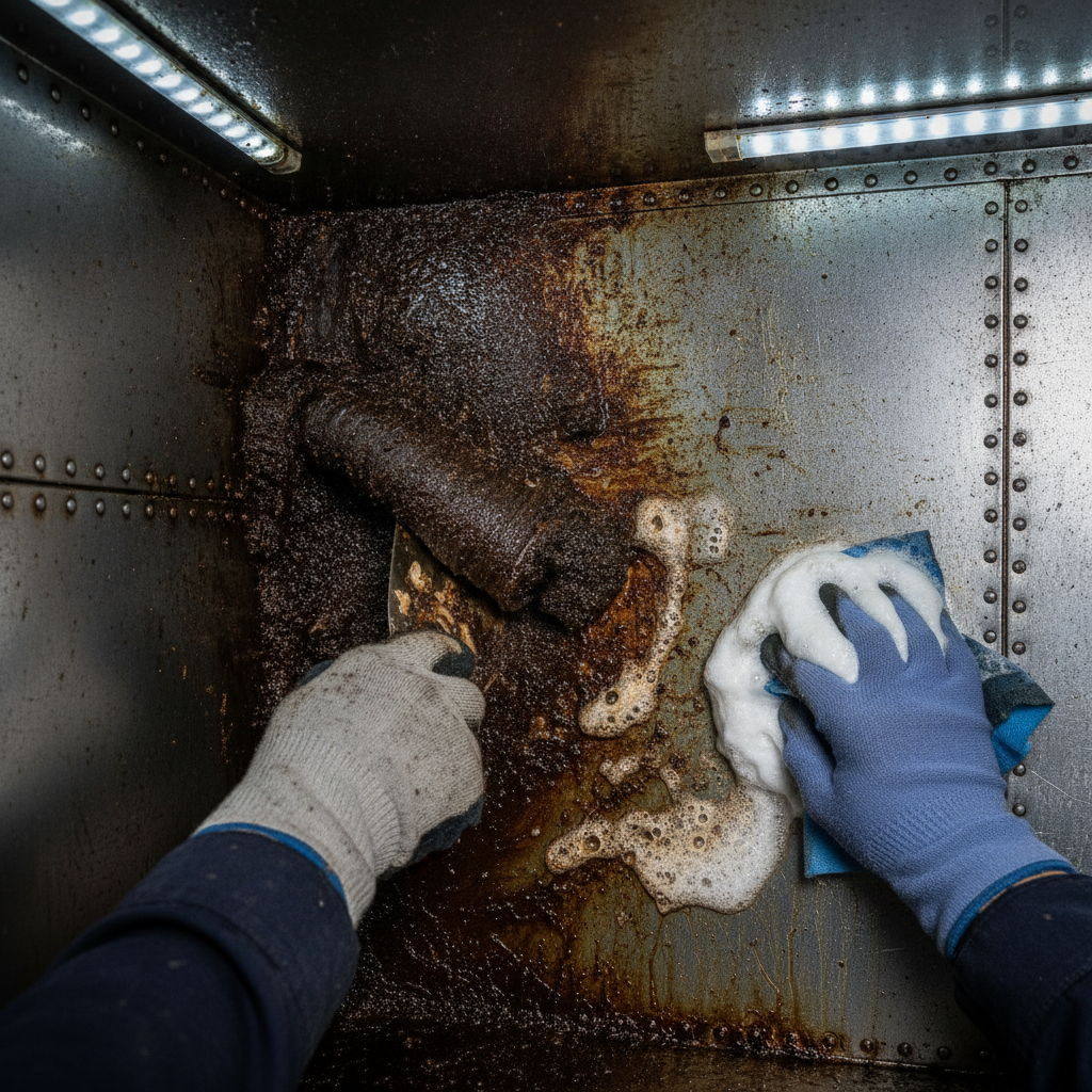 Close-up exhaust duct degreasing showing grease removal by a professional kitchen exhaust cleaning company