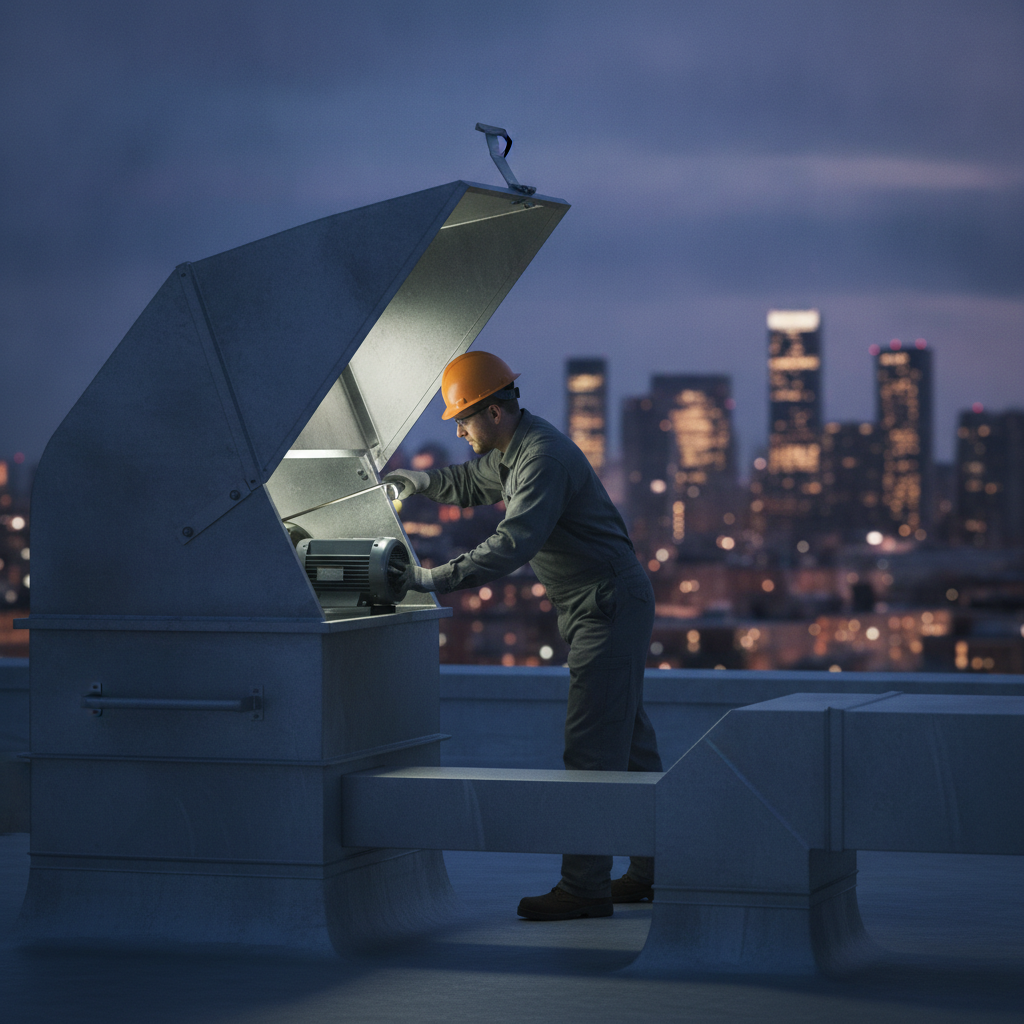 Technician inspecting rooftop exhaust fan and fan belt during professional kitchen exhaust cleaning service in Ontario