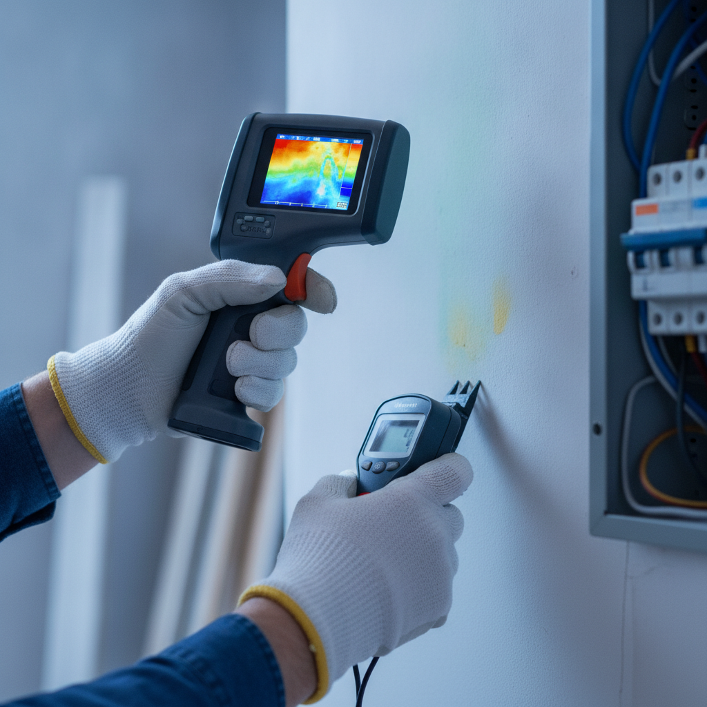 Close-up of inspector using thermal camera and moisture meter during electrical and plumbing inspection, showing how long a home inspection takes depends on systems