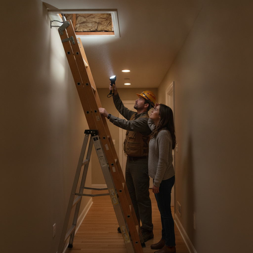 Inspector and homeowner at attic access evaluating insulation and ventilation during attic inspection, illustrating time factors