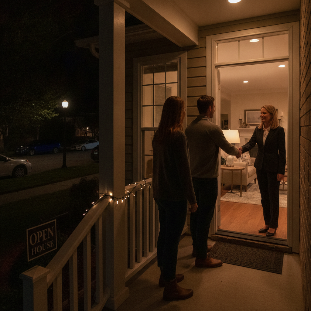 Evening open house in Surrey with a Realtor welcoming visitors to a well-staged home
