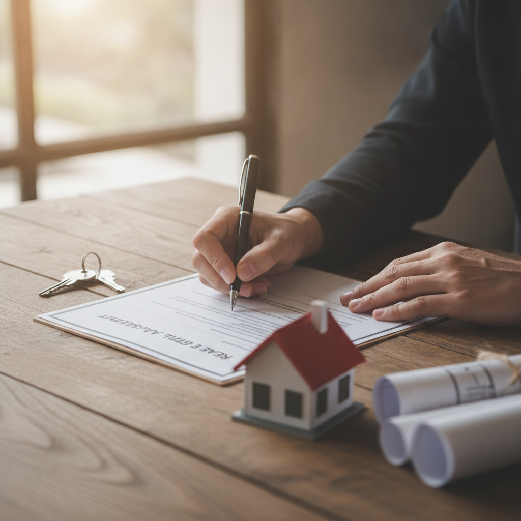 Signing a Surrey real estate listing agreement with house keys and floor plans on table