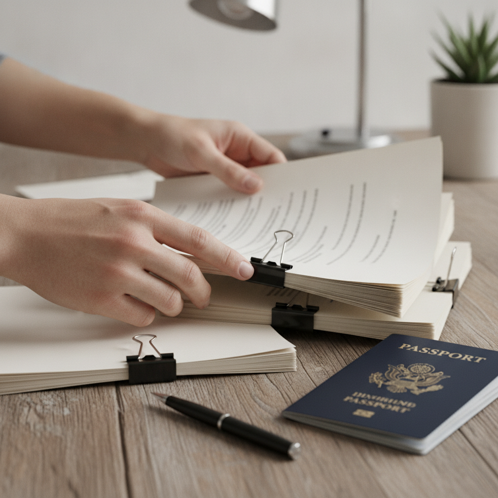 Close-up of organized immigration appeal documents and passport for appealing an immigration decision