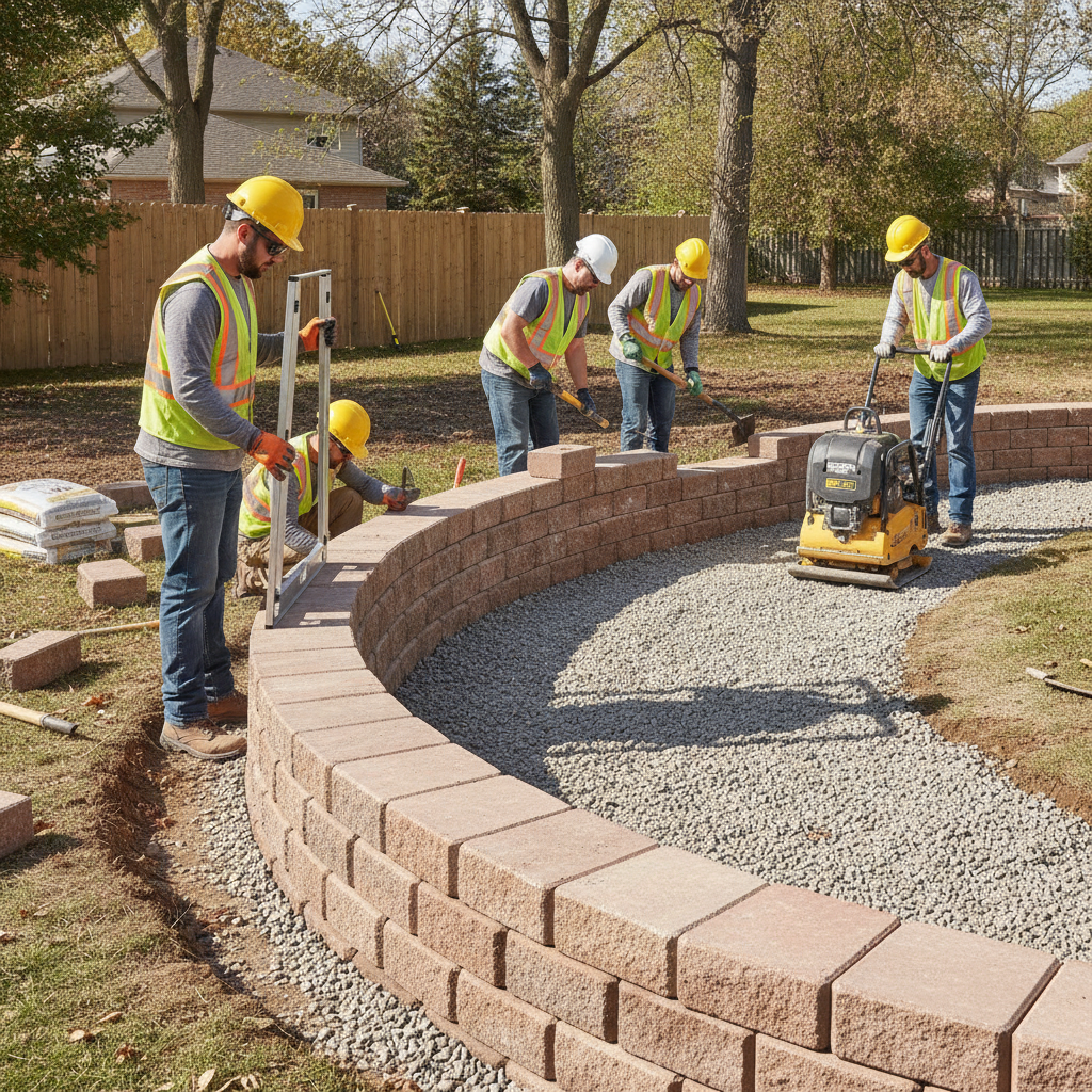 Mississauga landscaping crew installing interlocking concrete retaining wall blocks with compacted base and level checks