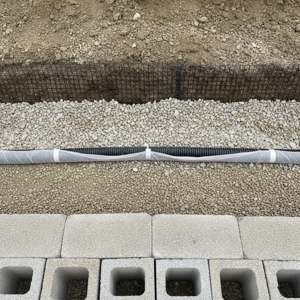 Close-up of Ontario retaining wall base with 3/4-inch clear stone, 4-inch perforated drain, and geogrid reinforced SRW block