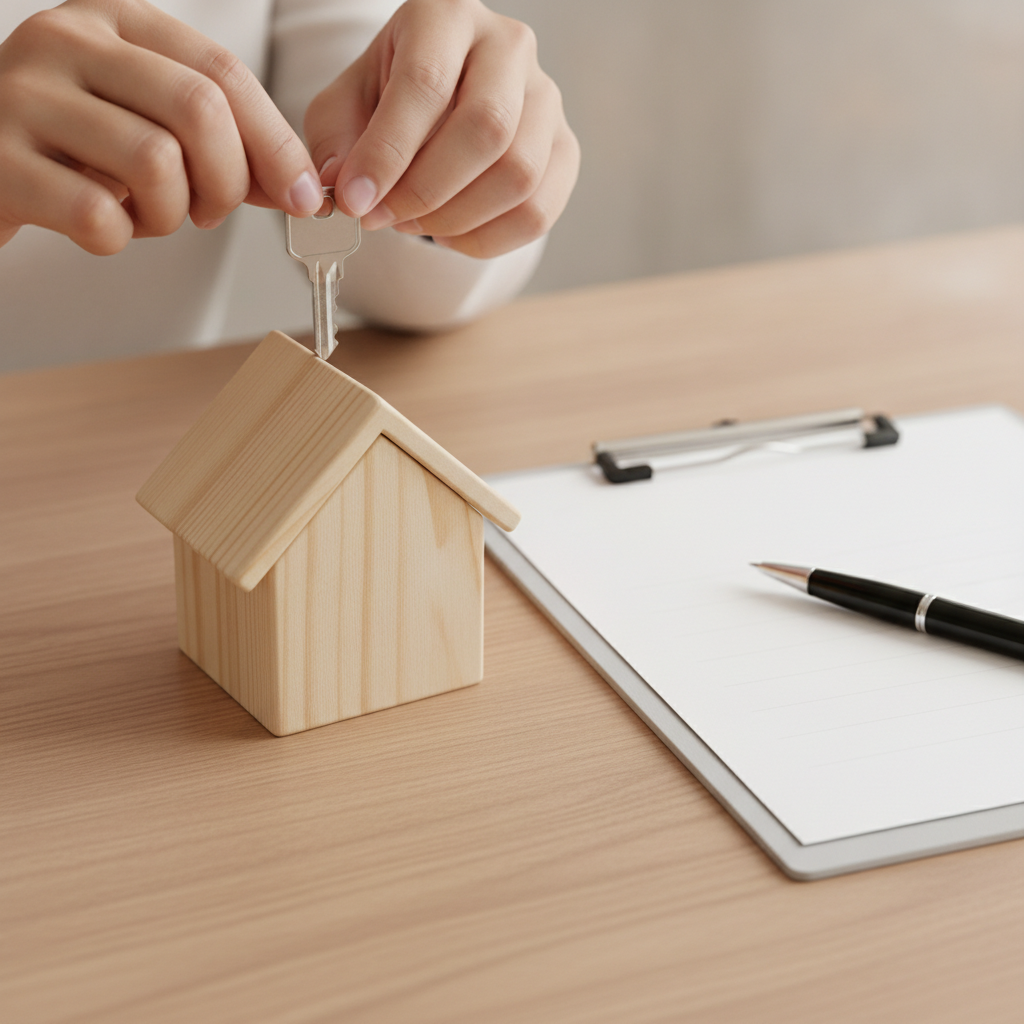 Close-up of keys and a house model representing secure real estate marketplace listing preparation on Houseup