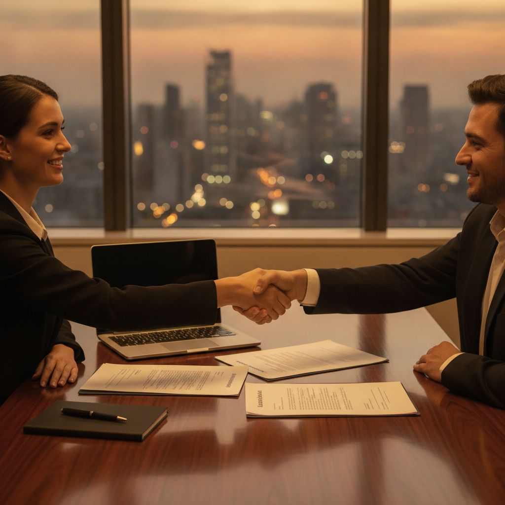 Handshake over clean contract documents symbolizing secure negotiation and closing on a real estate marketplace