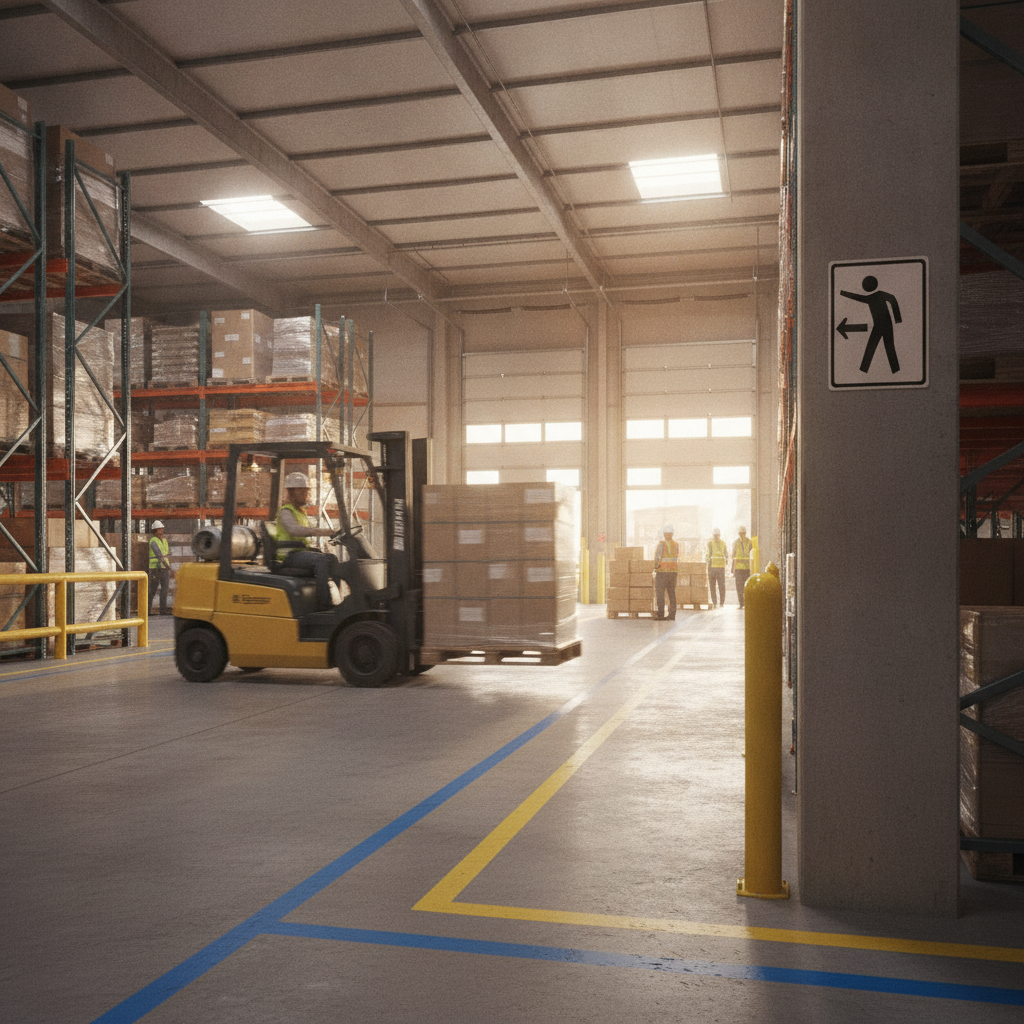 Warehouse forklift traffic area with OSHA warning signs, floor markings, and pedestrian lanes for industrial safety