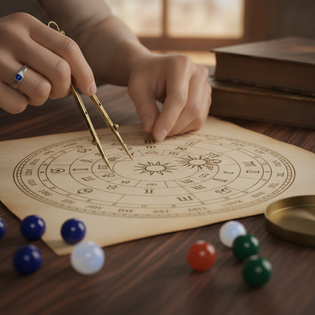 Hands aligning a natal chart wheel with compass and gemstones for life planning with astrology