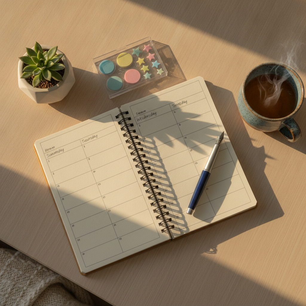 Top-down planning workspace with notebook and scheduling tools used to map astrology timing windows