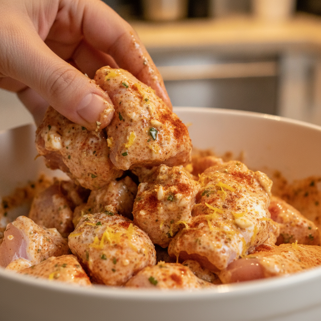 Close-up of marinated chicken for Turkish chicken döner, showing yogurt, paprika, cumin, garlic, lemon, and olive oil—perfect for Turkish dinner ideas at home