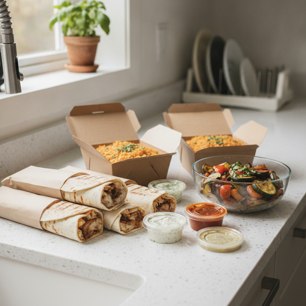 Unpacking Toronto shawarma and Turkish takeout on a home counter—wraps, rice, grilled vegetables, sauces—ideal for fast Turkish dinners at home