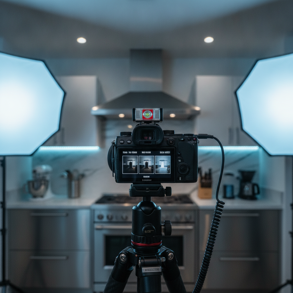 Close-up of HDR bracketing setup for realty photography in a staged kitchen