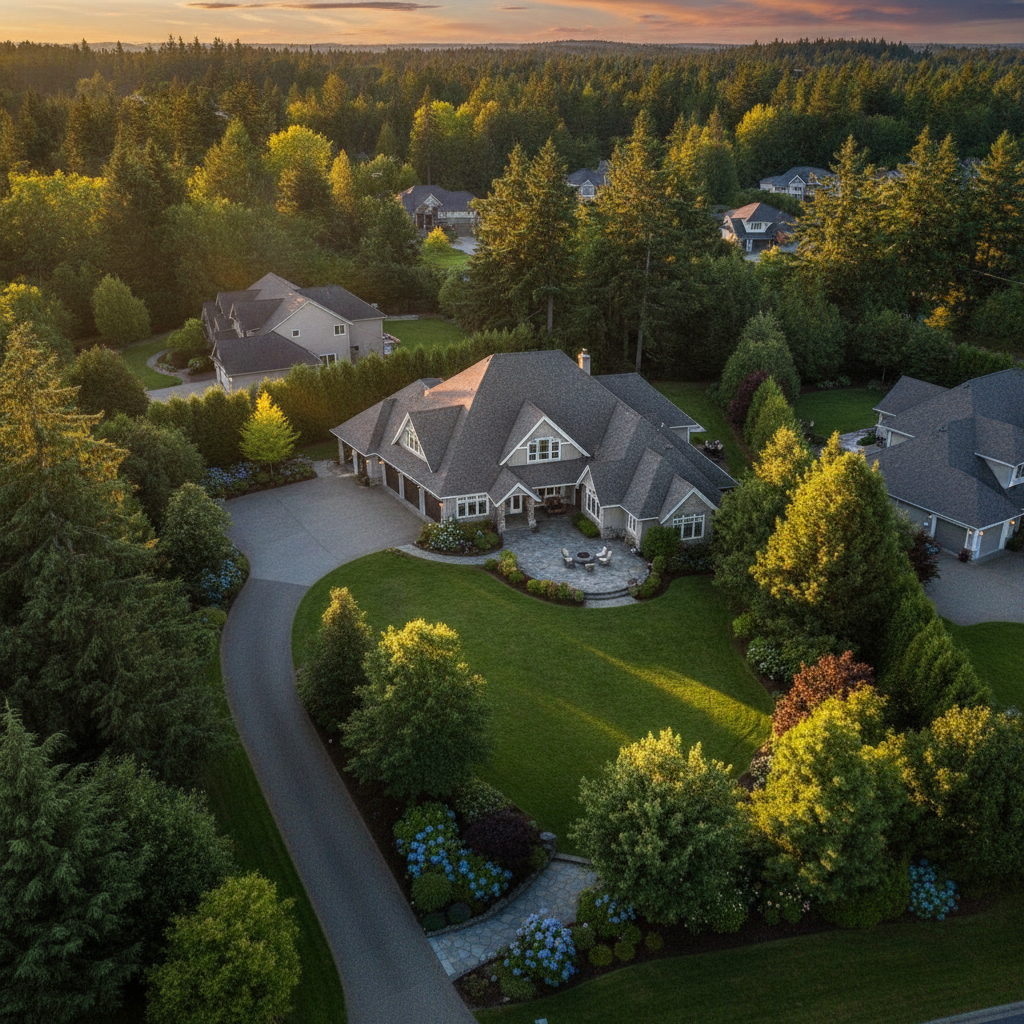 Aerial drone view of a suburban property at golden hour for realty photography