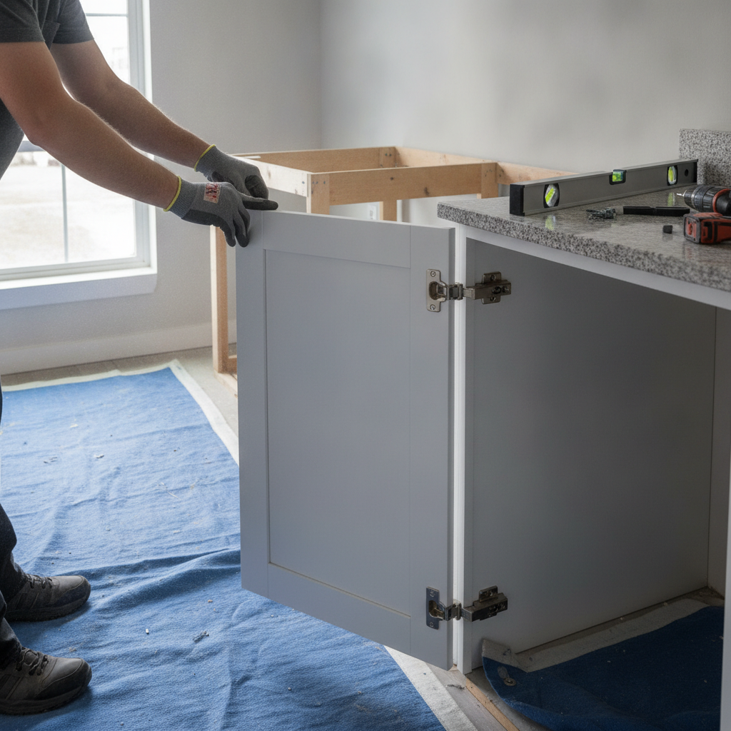 Kitchen cabinet replacement during apartment upgrade, showing concealed hinge installation and standardized shaker doors for multi-unit consistency