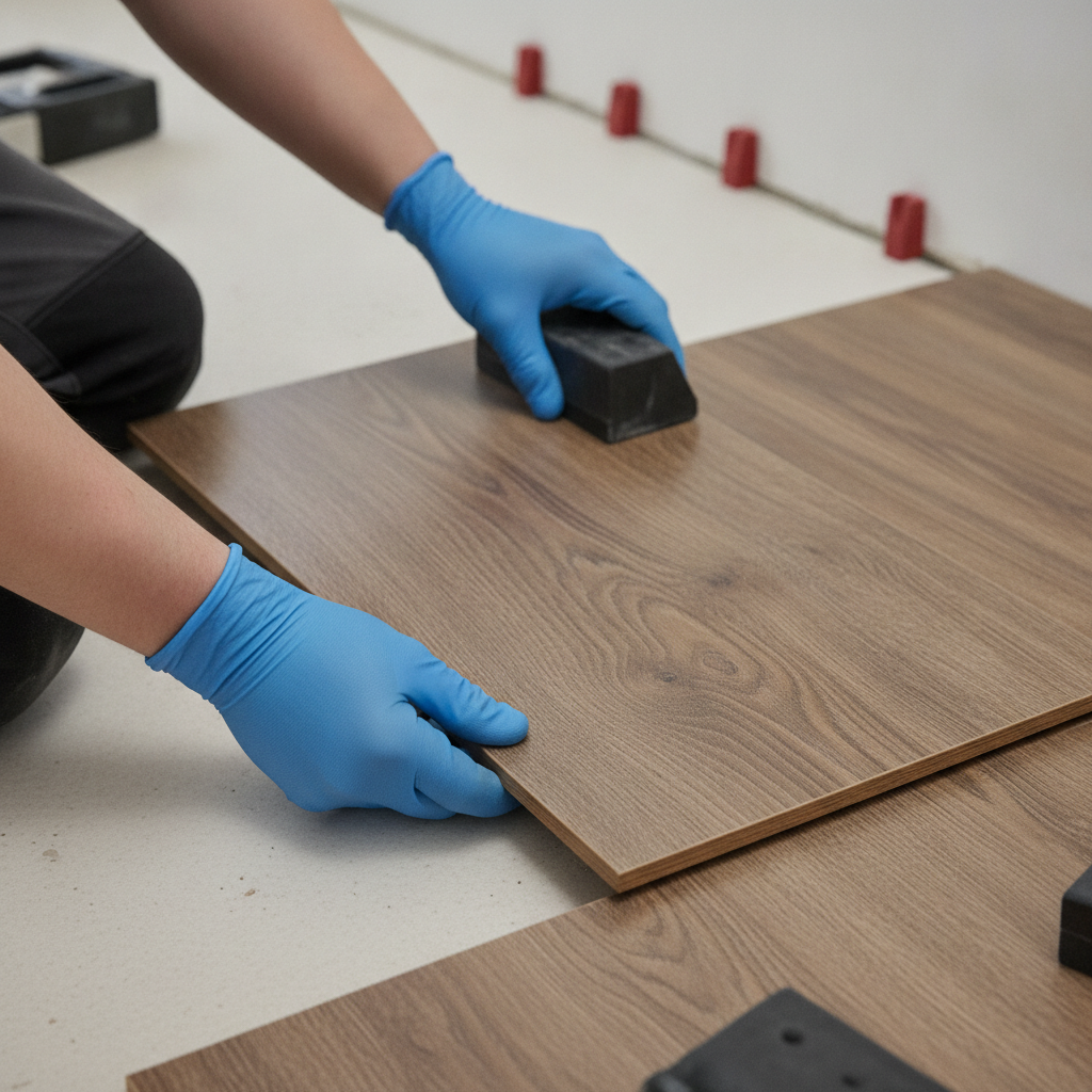 Close-up of luxury vinyl plank installation during apartment turnover, showing click-lock detail and spacers for durable flooring in multi-unit buildings