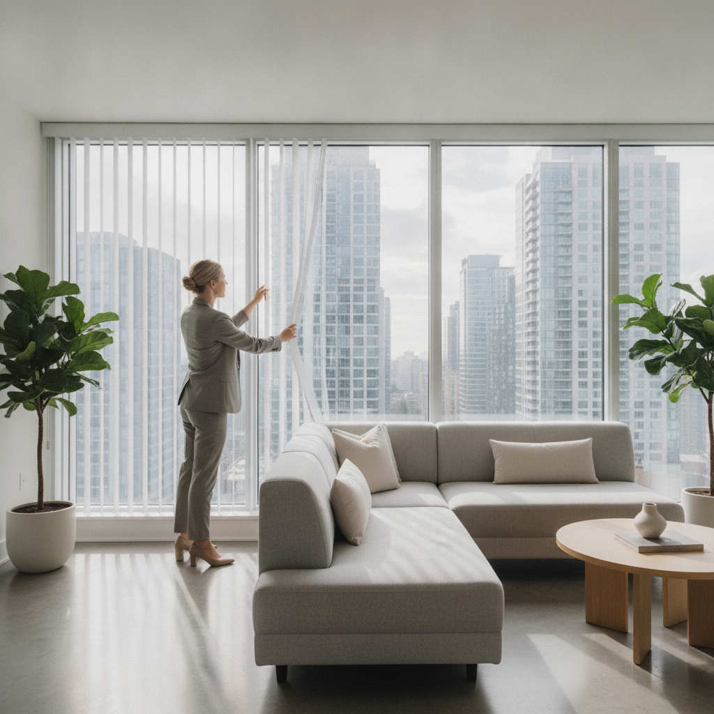 Brampton real estate agent opening blinds in a bright condo showing, preparing for a buyer tour in Brampton