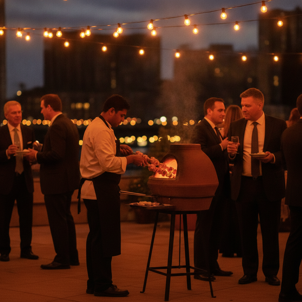 Outdoor patio tandoor grill at night—South Asian wedding catering with live kebab station in Mississauga