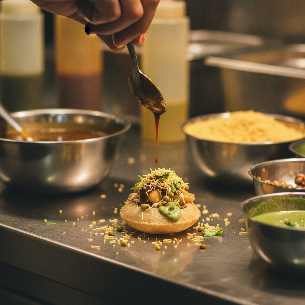 Close-up of pani puri at a chaat station—South Asian wedding catering ideas for interactive appetizers