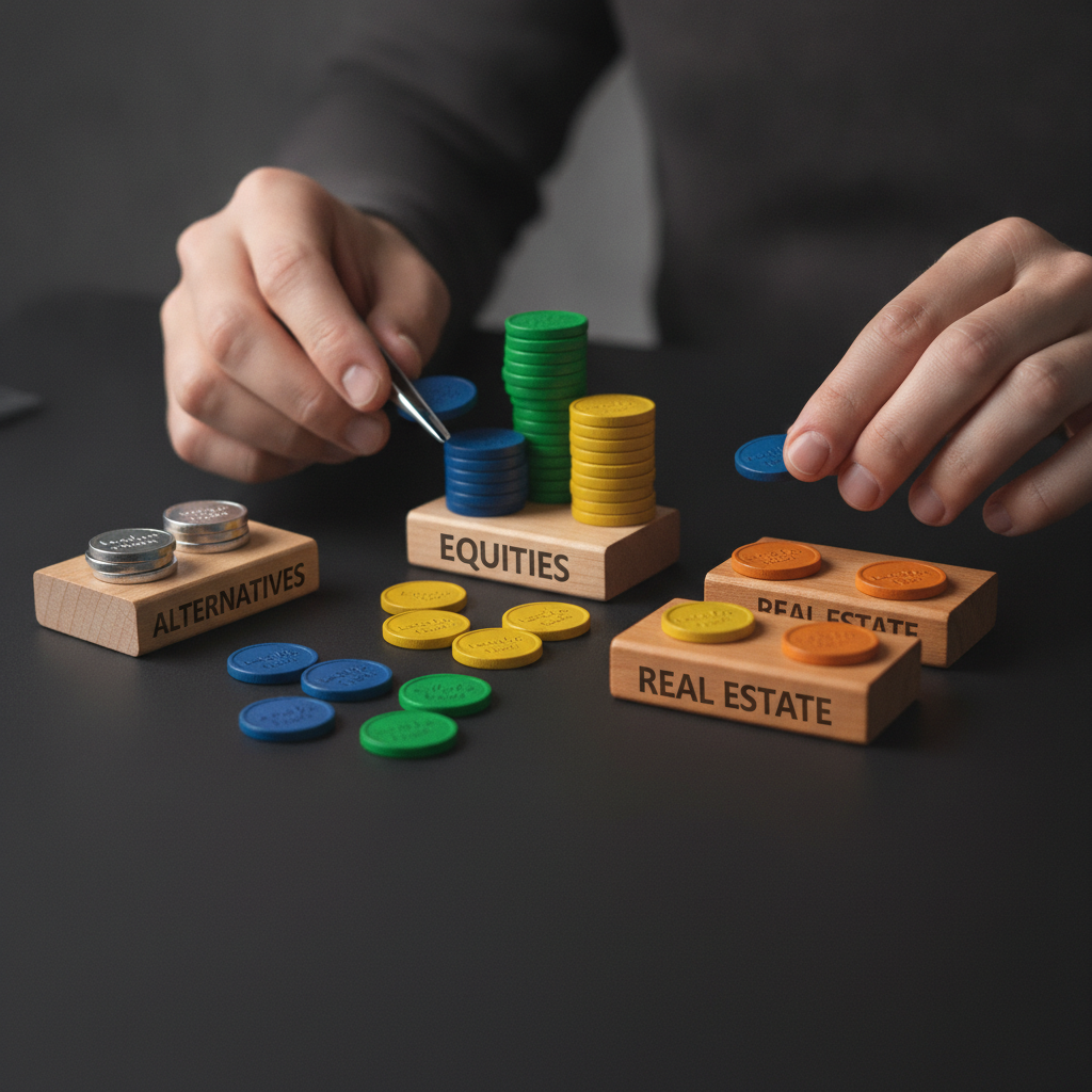 Close-up representation of diversified portfolio sleeves using tokens and blocks for portfolio advisory design