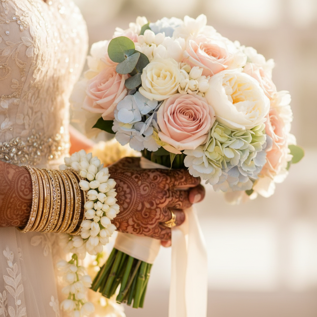 Bridal mehndi detail with jasmine garland and pastel bouquet for South Asian wedding planning in London