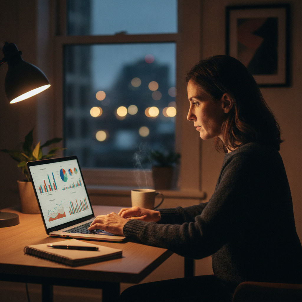 Investor reviewing a balanced portfolio on a laptop at home with calm evening lighting, reflecting on portfolio advisory plan