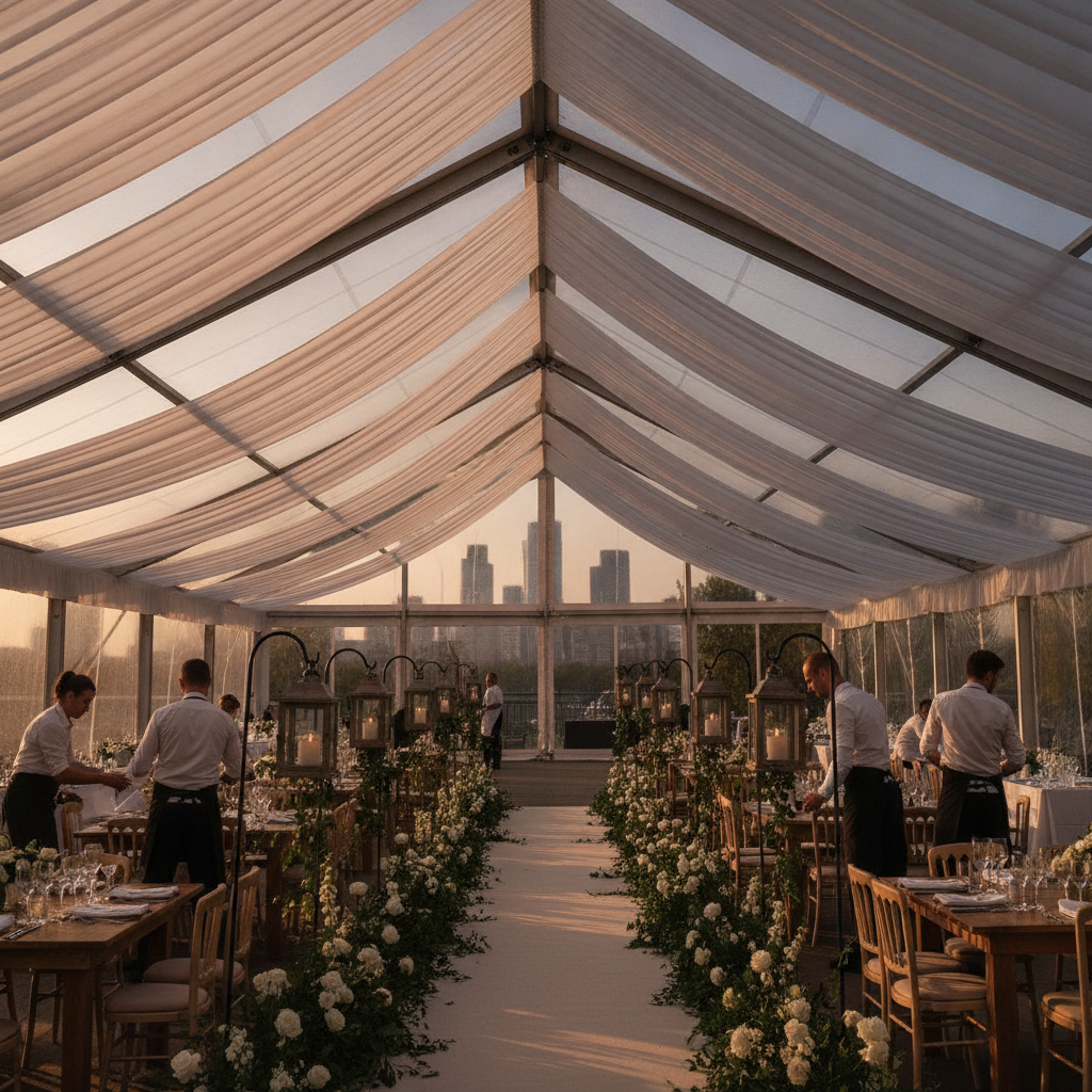 Outdoor marquee wedding setup in London with lantern-lined aisle and greenery, planned by Patel Events
