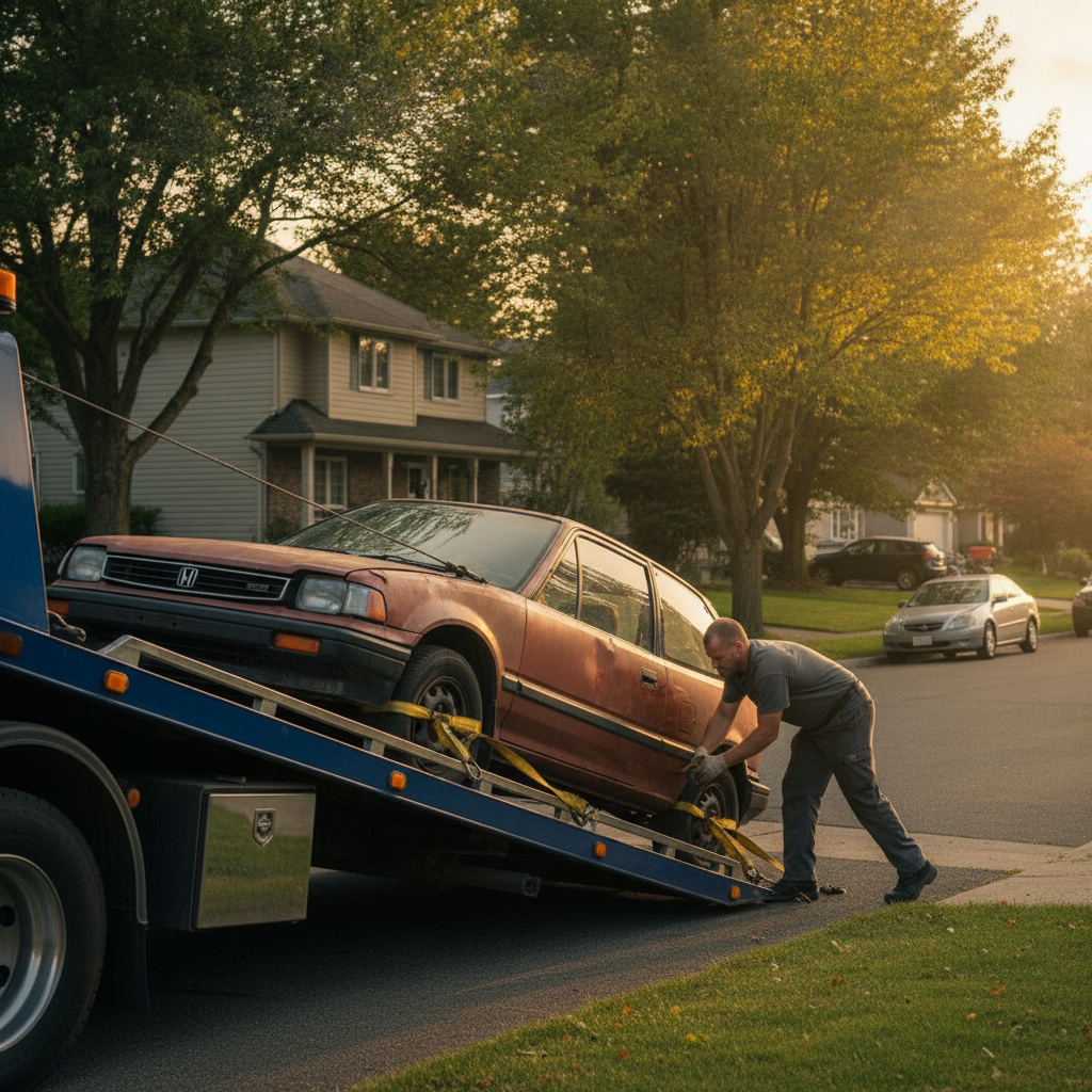 Curbside scrap car pickup at golden hour in a suburban Etobicoke driveway, wheel straps being secured before winching a compact car onto a flatbed