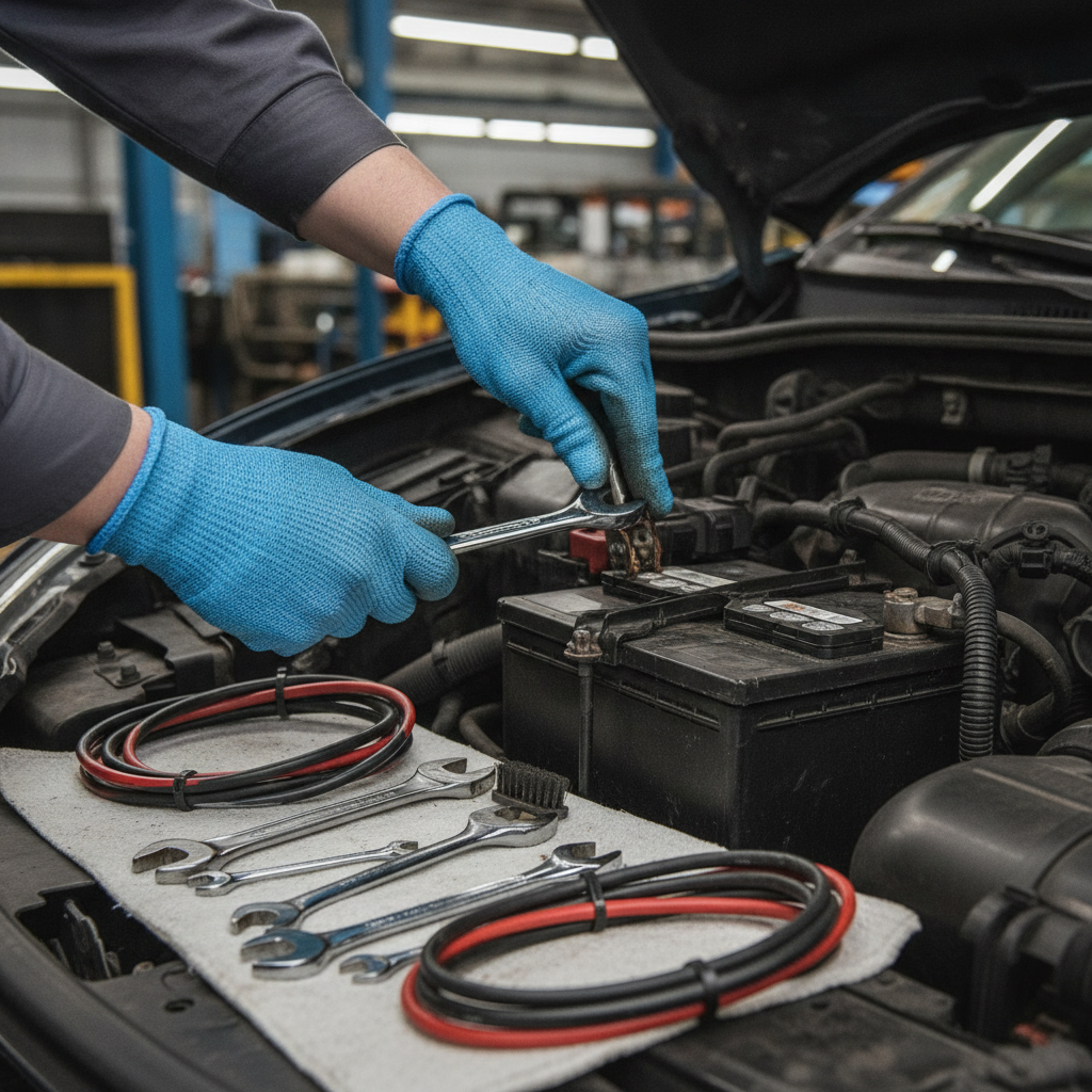 Close-up of safe battery disconnection during scrap car removal preparation, showing gloves and terminals for responsible vehicle recycling in Etobicoke