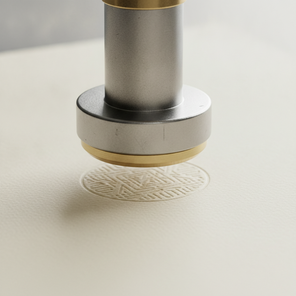 Close-up of a Toronto notary seal embosser pressing onto paper, illustrating how notary services in Toronto work for identity verification and sealing