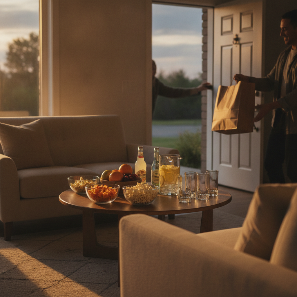 Living room setup with snacks, mixers, and glassware as dial a bottle Calgary order arrives at the door