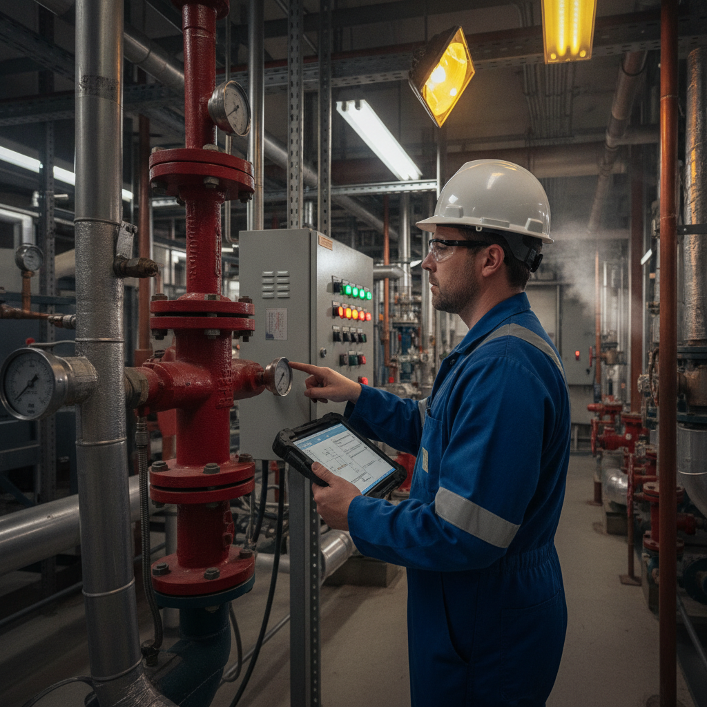Safety technician inspecting sprinkler control valve and alarm panel with tablet beside labeled fire piping