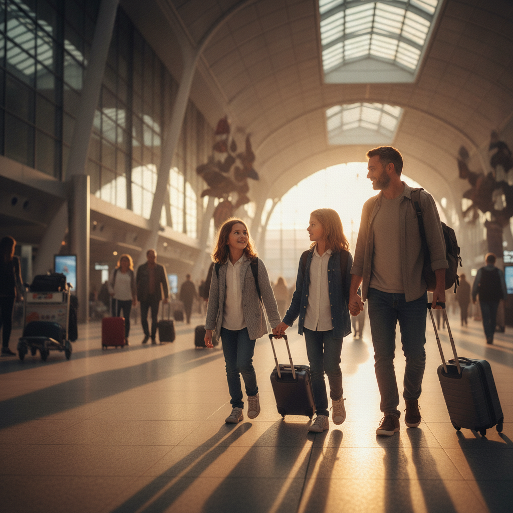 Family arriving in Canada at the airport, symbolizing successful skilled immigration and a fresh start
