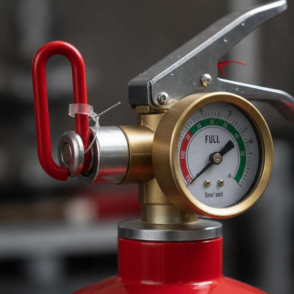 Close-up detail of an ABC fire extinguisher gauge and safety pin with tamper seal for fire protection product inspection