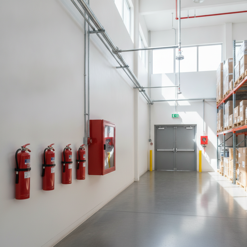 Industrial warehouse overview with fire protection products including extinguishers, hose cabinet, sprinkler piping, and alarm pull station