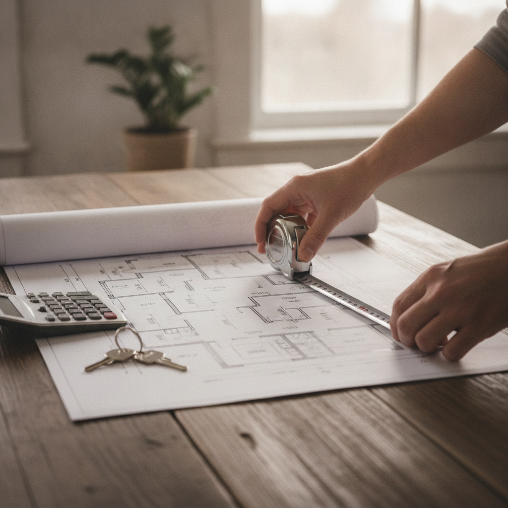Close-up of homeowner measuring a floor plan to refine a Surrey property value estimate