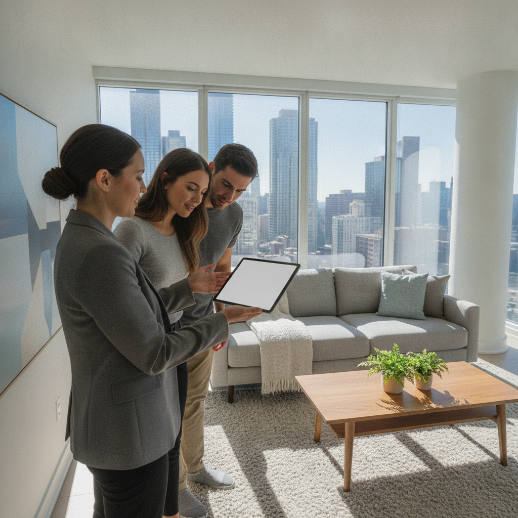 Realtor presenting a valuation game plan to Surrey homeowners in a bright condo living room