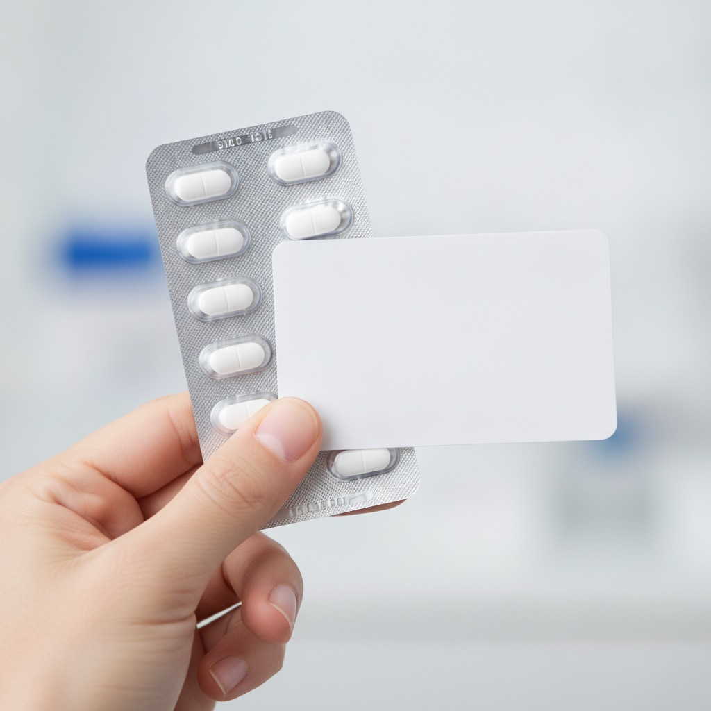 Close-up of Suboxone film with a plain wallet card symbolizing a Suboxone savings card and pharmacy readiness
