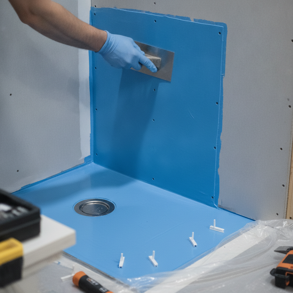 Close-up of bathroom waterproofing membrane during renovation by home renovation contractors in Ontario
